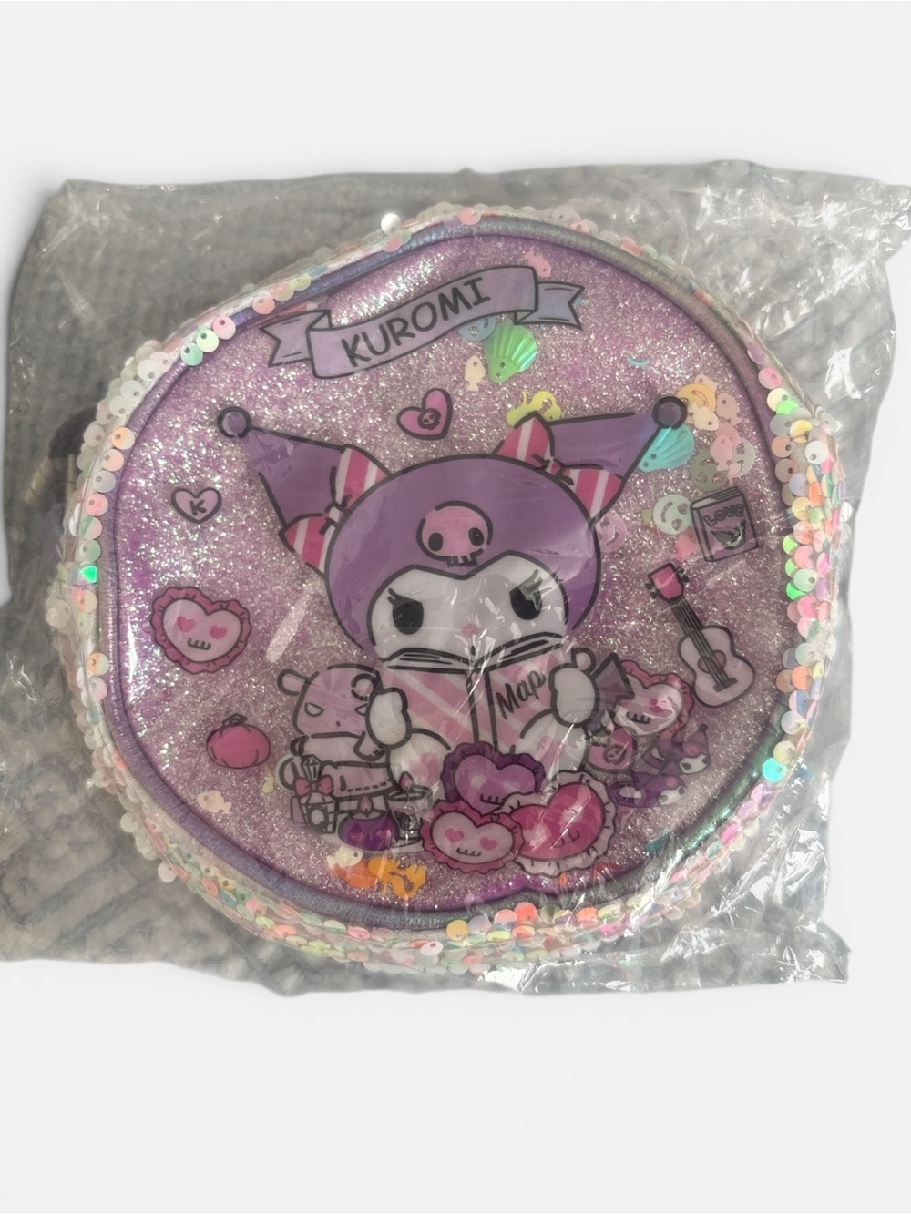 Kuromi Glitter Sequin Round Crossbody Bag — Purple Pink